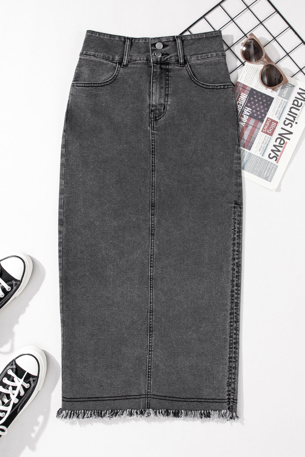 Zwarte Midi Denim Rok, Zijdelingse Splitten en Knoopsluiting