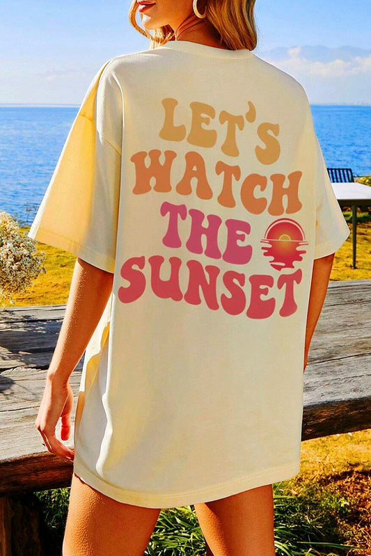 Cream geel T-shirt met print "LET'S WATCH THE SUNSET"