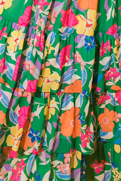 Roze mouwloze maxi-jurk met bloemenprint en ruches