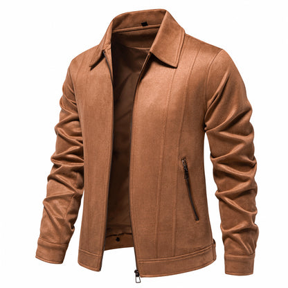 Fashionable men's suede jacket with lapel and zipper - Stylish autumn and winter jacket for outdoors