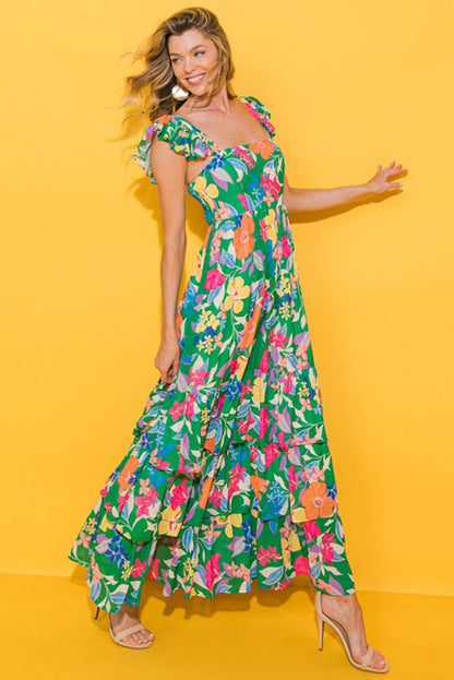 Roze mouwloze maxi-jurk met bloemenprint en ruches