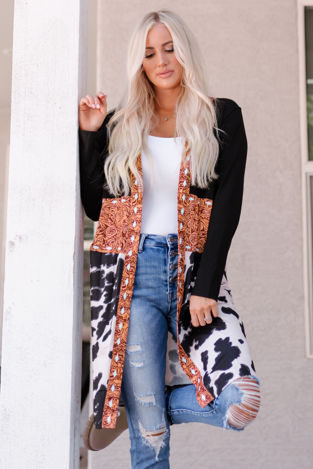 western cow print patchwork cardigan