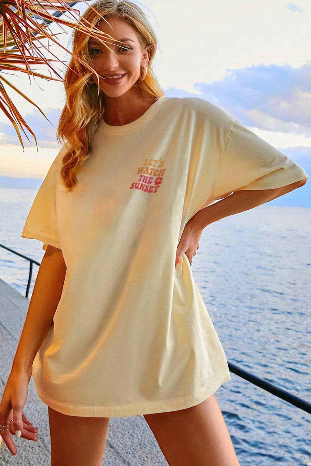 Cream yellow T-shirt with print "LET'S WATCH THE SUNSET"