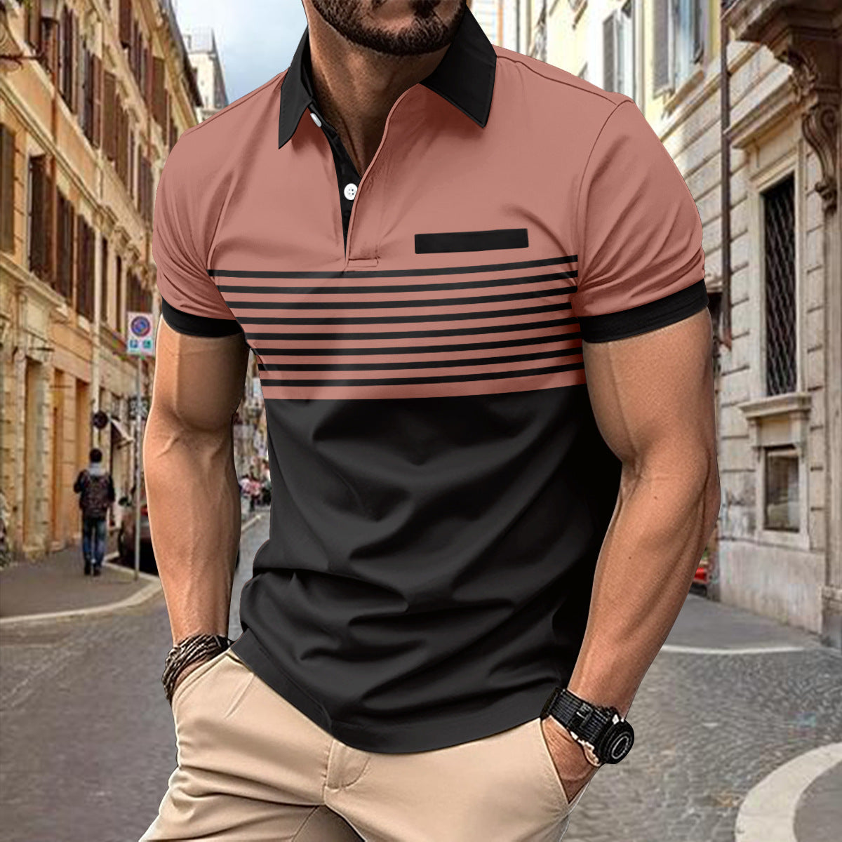 Men's casual shirt with a striped pattern and chest pocket