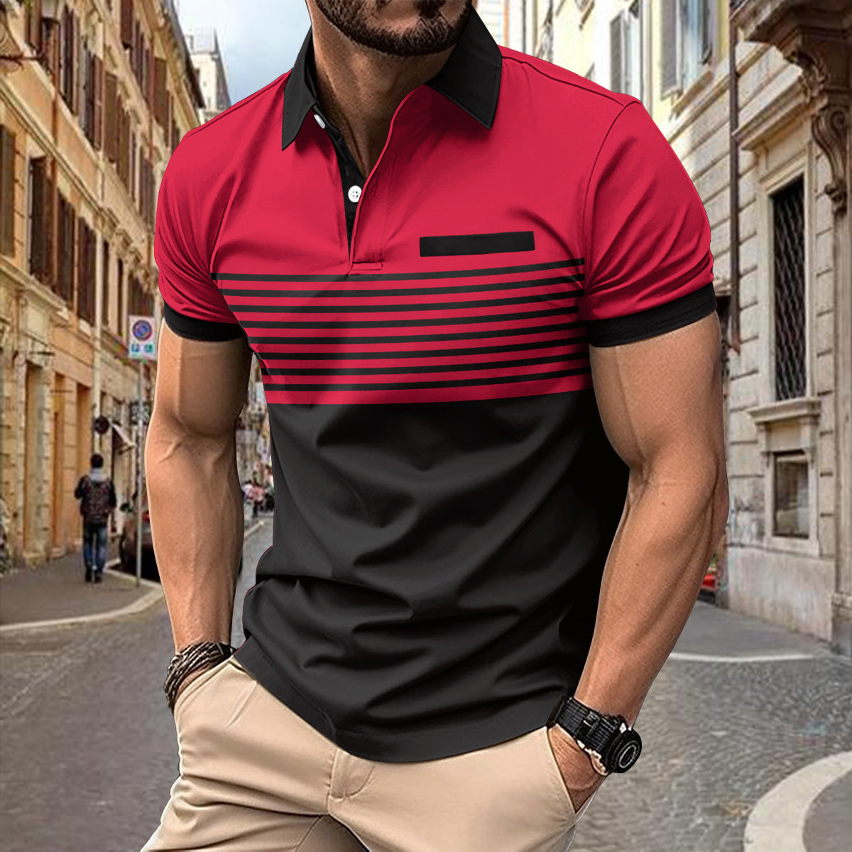 Men's casual shirt with a striped pattern and chest pocket