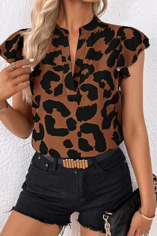 Brown leopard blouse with gathered flutter sleeves and a split neckline