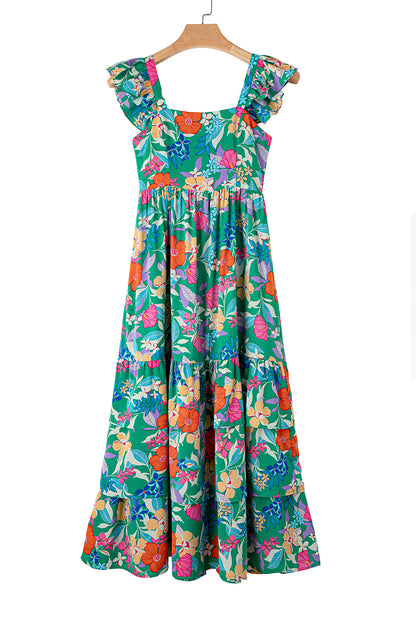 Roze mouwloze maxi-jurk met bloemenprint en ruches