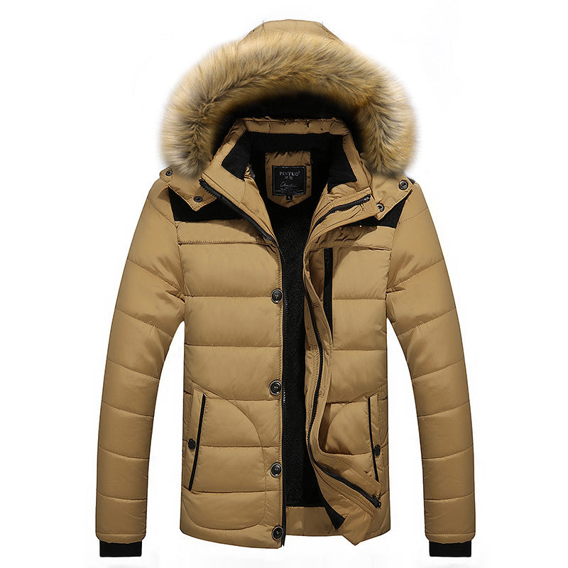 Men's winter coat with fur collar, thick fleece jacket made of cotton for cold days