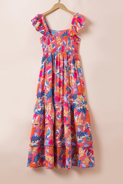 Roze mouwloze maxi-jurk met bloemenprint en ruches