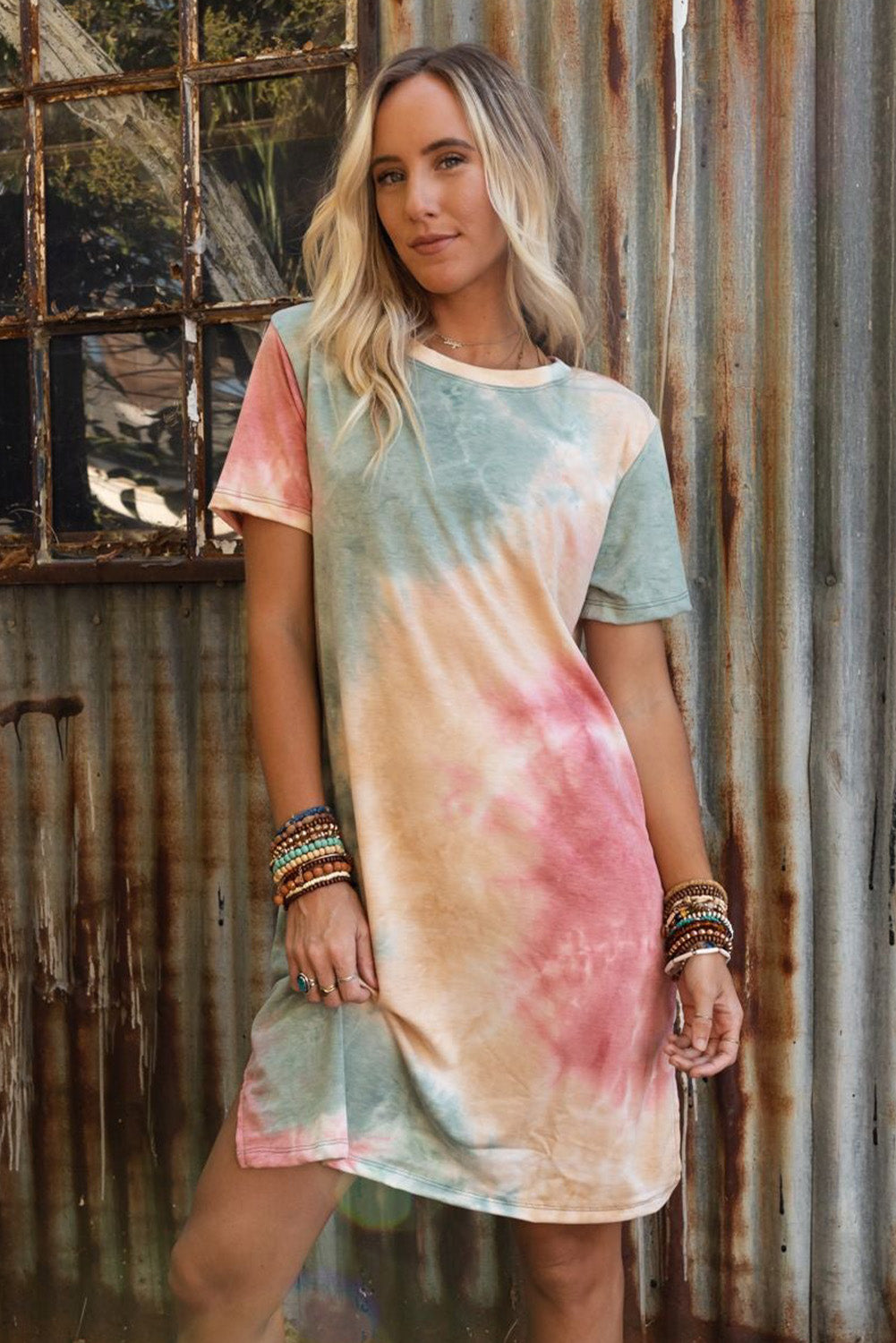 Multicolor Tie Dye Oversized Slit Tee Jurk