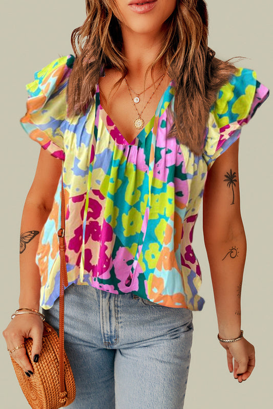 Multicolor Leopard V-neck Wrinkle Blouse