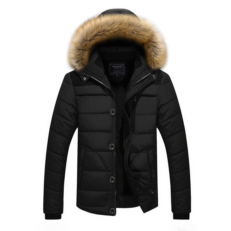 Men's winter coat with fur collar, thick fleece jacket made of cotton for cold days