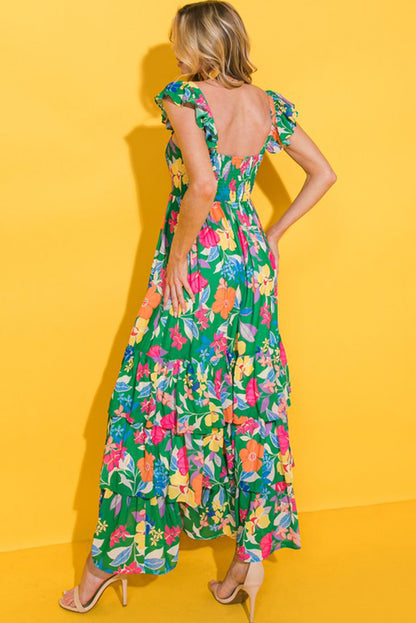 Roze mouwloze maxi-jurk met bloemenprint en ruches