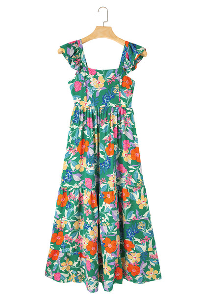 Roze mouwloze maxi-jurk met bloemenprint en ruches