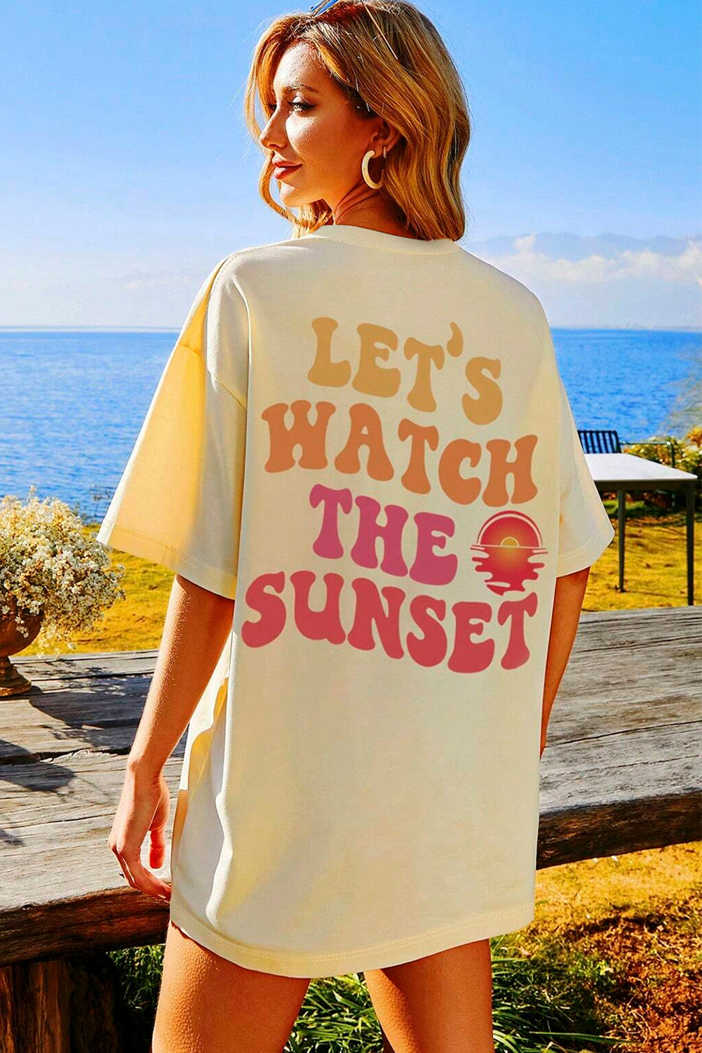 Cream yellow T-shirt with print "LET'S WATCH THE SUNSET"