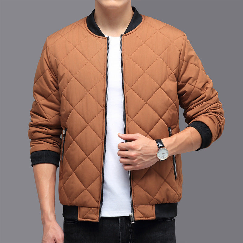 Fashionable Men's Winter Coat Made of Cotton with Checkered Stitching - Thick Padded Baseball Jacket - Casual and Warm Plain Coat