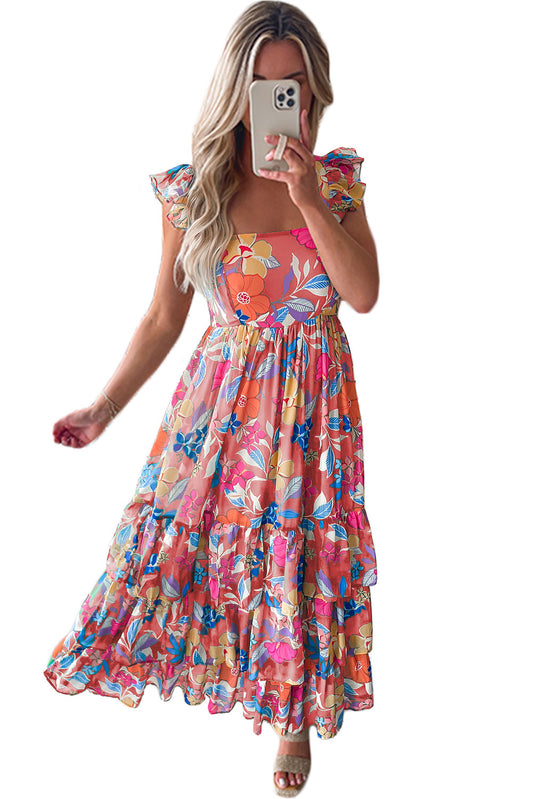 Roze mouwloze maxi-jurk met bloemenprint en ruches