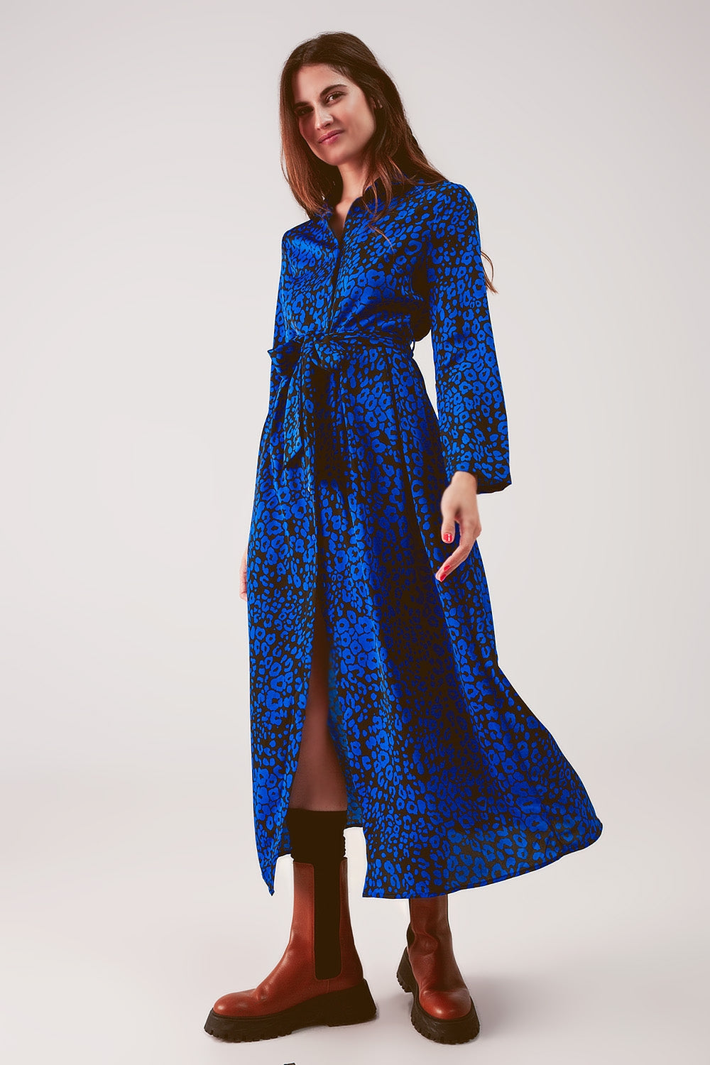 Maxi shirt dress with belt in blue animal print