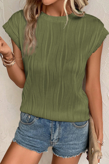 Black Wavy Texture Cap Sleeve Top