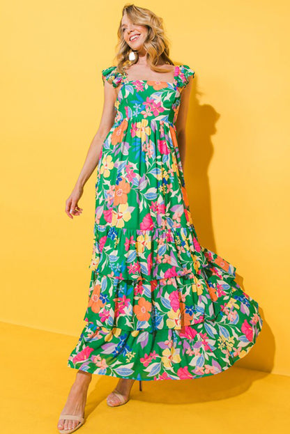 Roze mouwloze maxi-jurk met bloemenprint en ruches