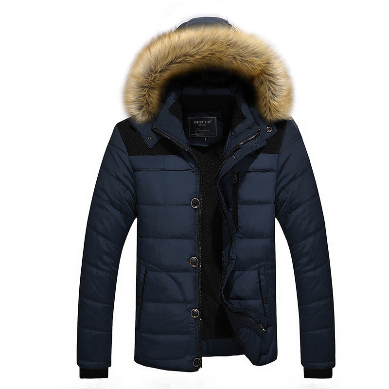 Men's winter coat with fur collar, thick fleece jacket made of cotton for cold days