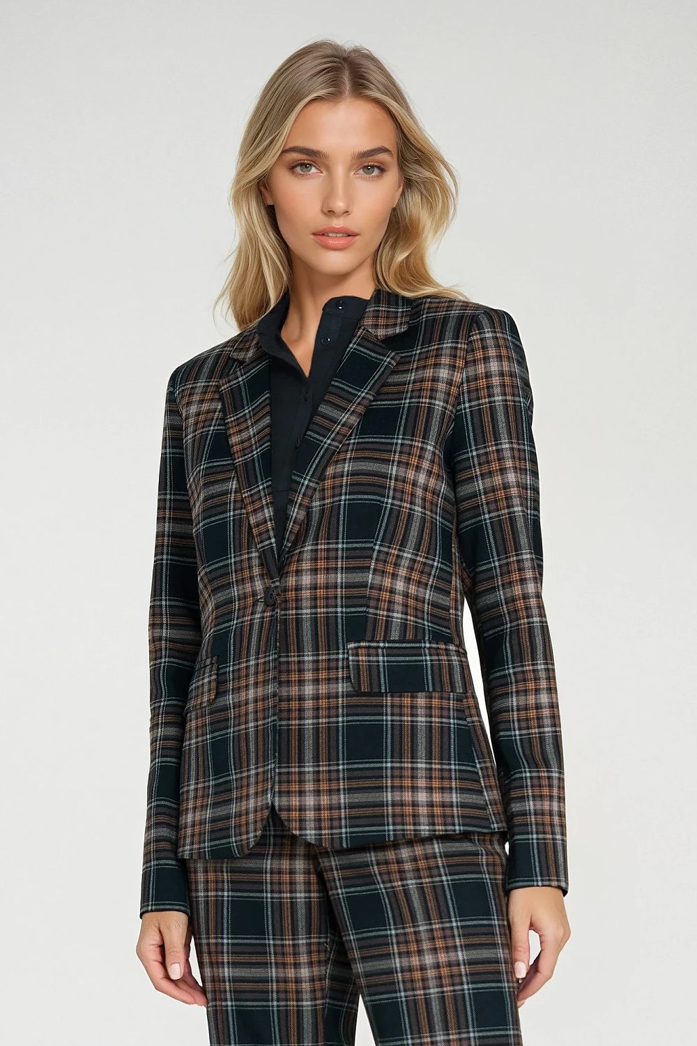 SELVA ARC - Moderne getailleerde jas met ruitpatroon en één knoopsluiting