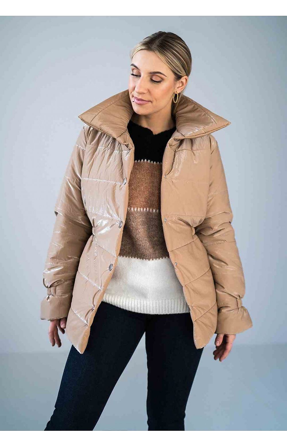 Lustre Luxe – Shiny Padded Jacket with Stand Collar and Elasticated Waist |174069 Figl