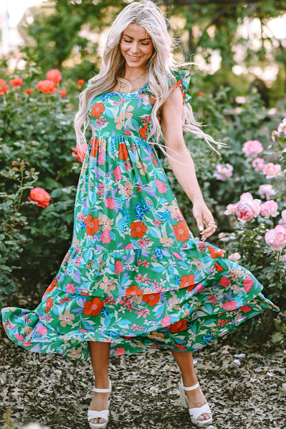 Roze mouwloze maxi-jurk met bloemenprint en ruches