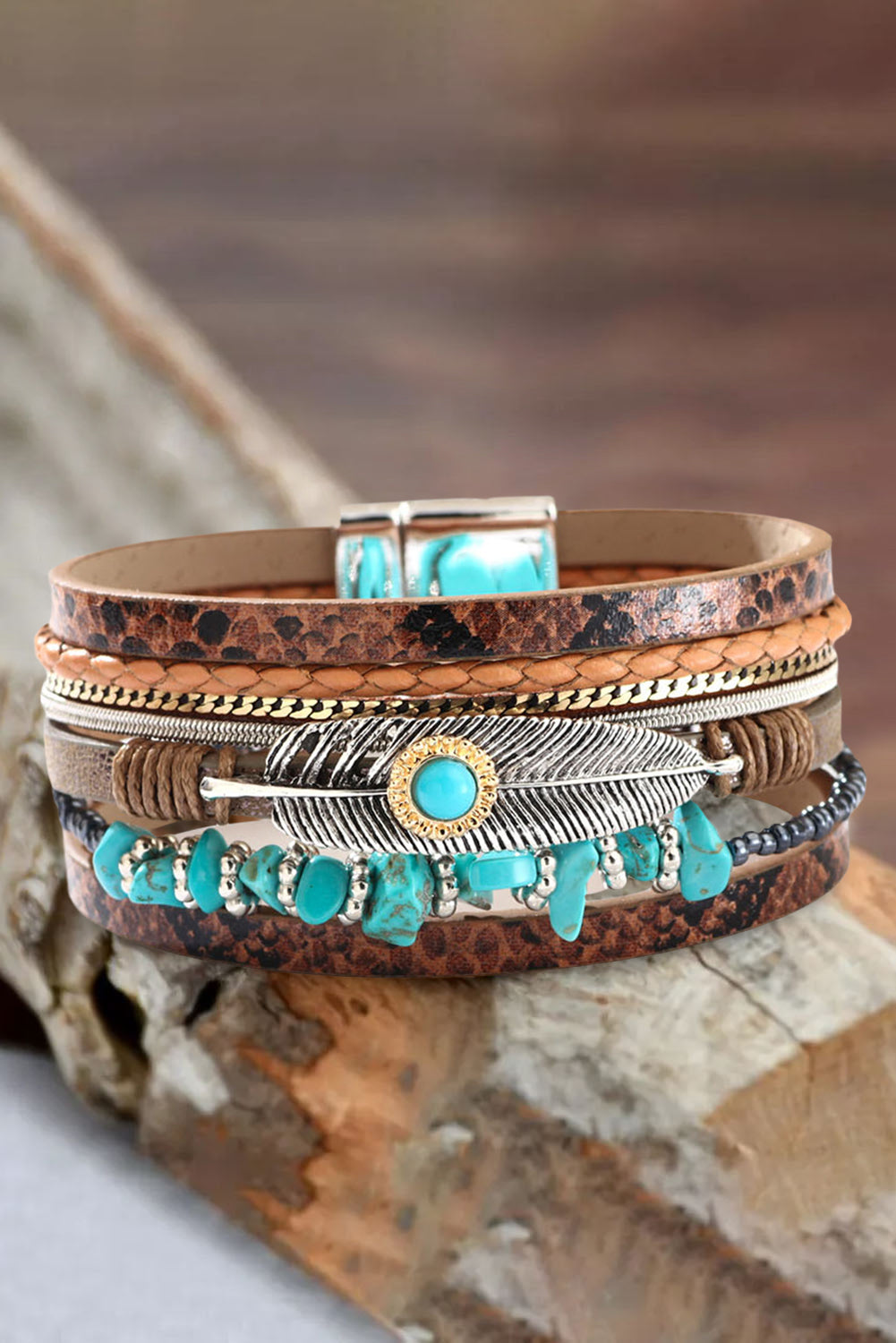 Bruine vintage meerlaagse leren armband turquoise