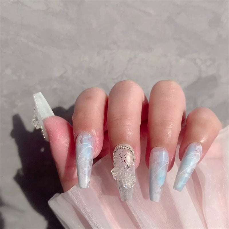 Premium wearable nails in soft macchiato and blue ice