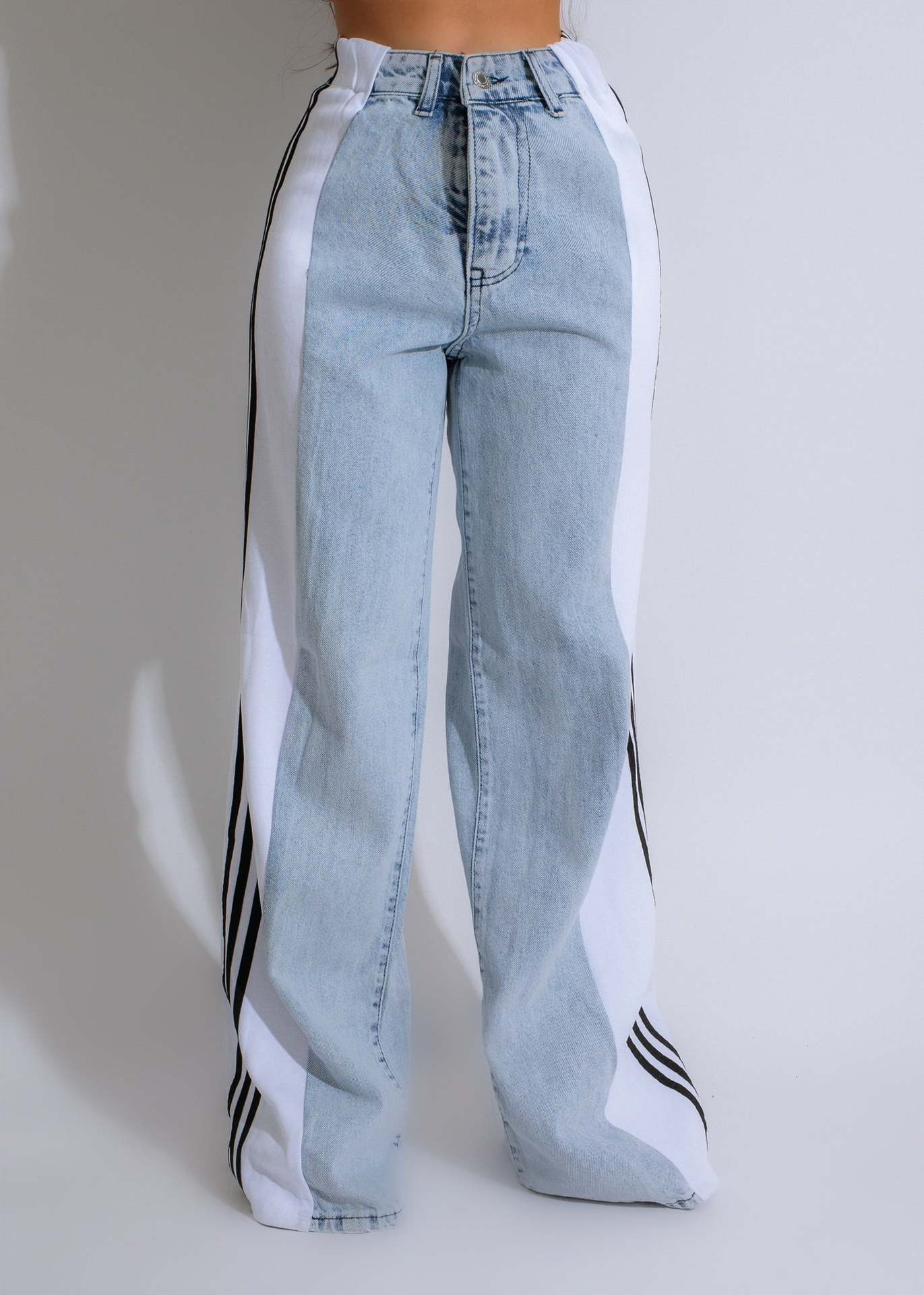 Modieuze Casual Hoge Taille Elastische Broek met Patchwork en Wijde Pijpen in Denim Streetwear Stijl