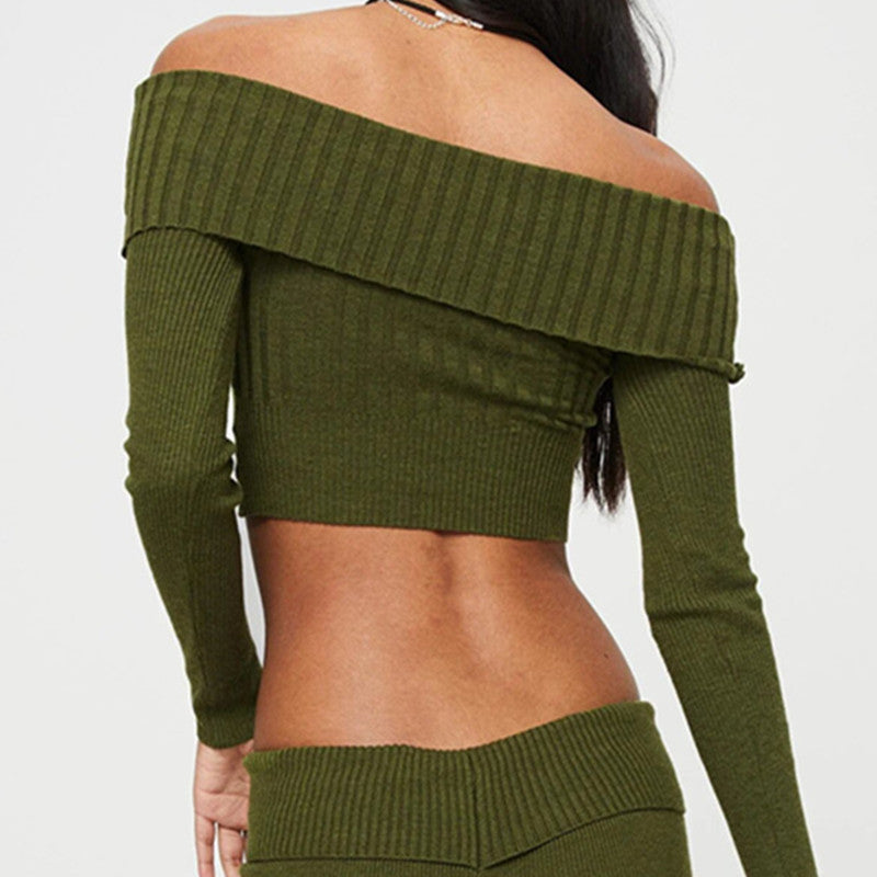 Boat Neck Long Sleeve Knitted Sweater Off-Shoulder Crop Short Top SFor Womens Clothing