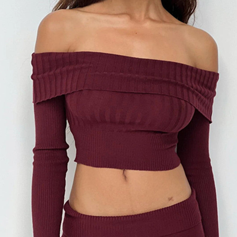 Boat Neck Long Sleeve Knitted Sweater Off-Shoulder Crop Short Top SFor Womens Clothing