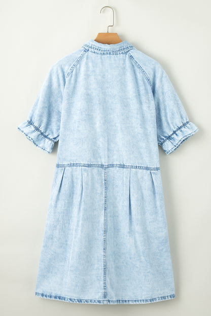 Beau Blue Mineral Wash Ruffled Short Sleeve Buttoned Denim Dress