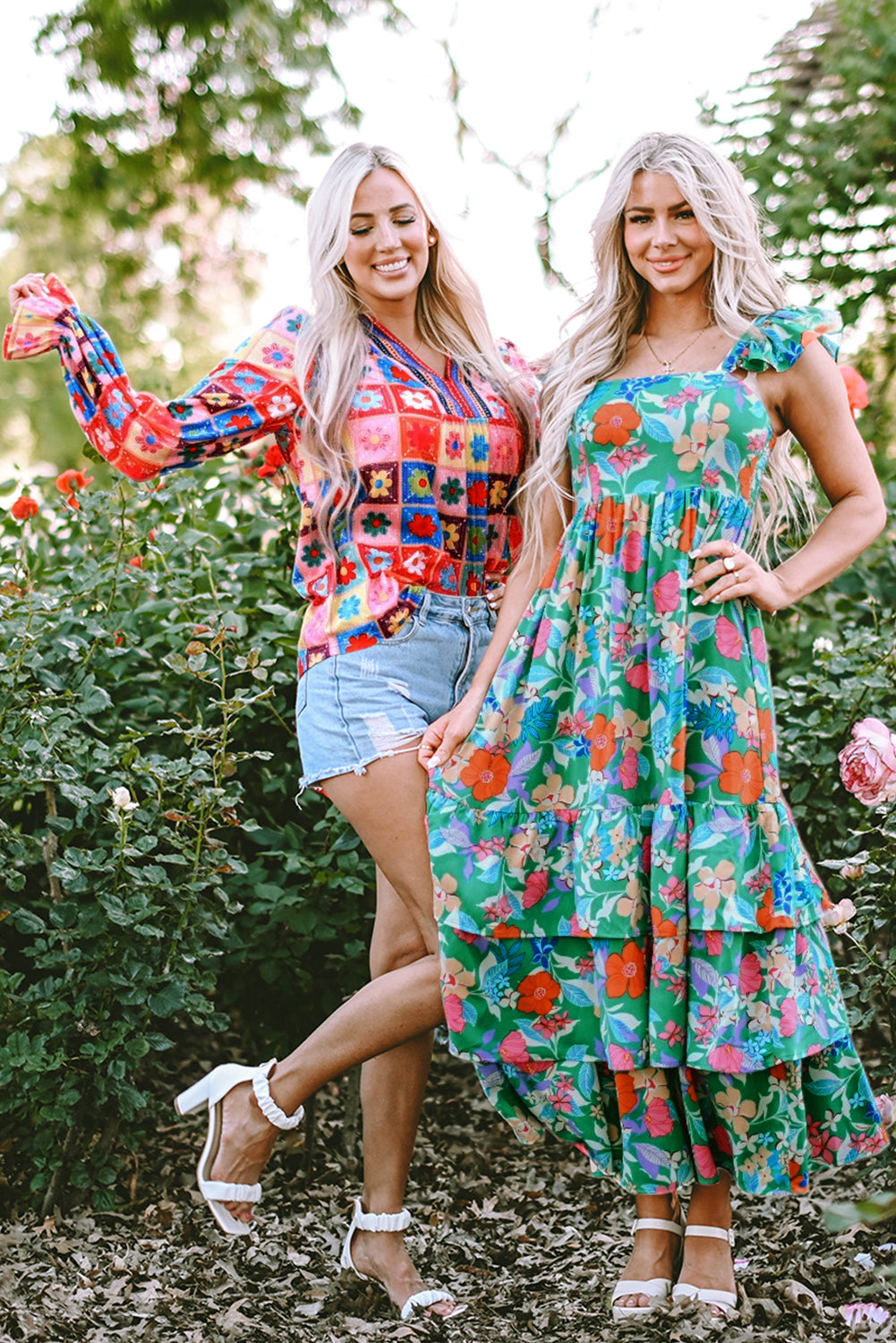 Pink sleeveless maxi dress with floral print and ruffles