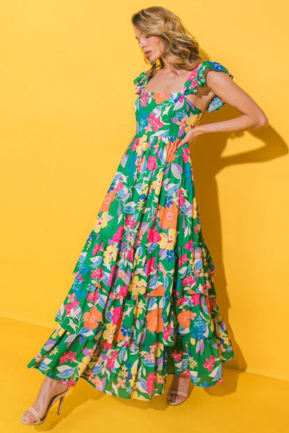 Roze mouwloze maxi-jurk met bloemenprint en ruches