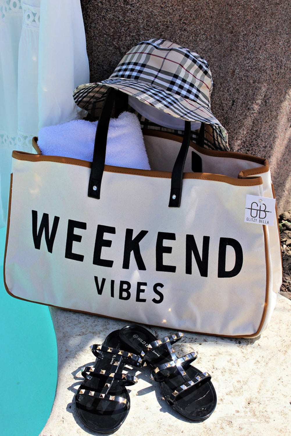 Weiße WEEKEND VIBES Canvas-Strandtasche