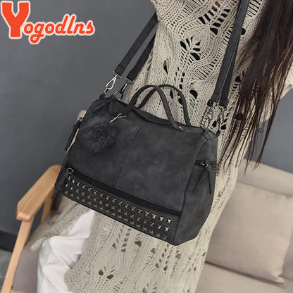 Yogodlns Vintage Rivet Leather Handbag